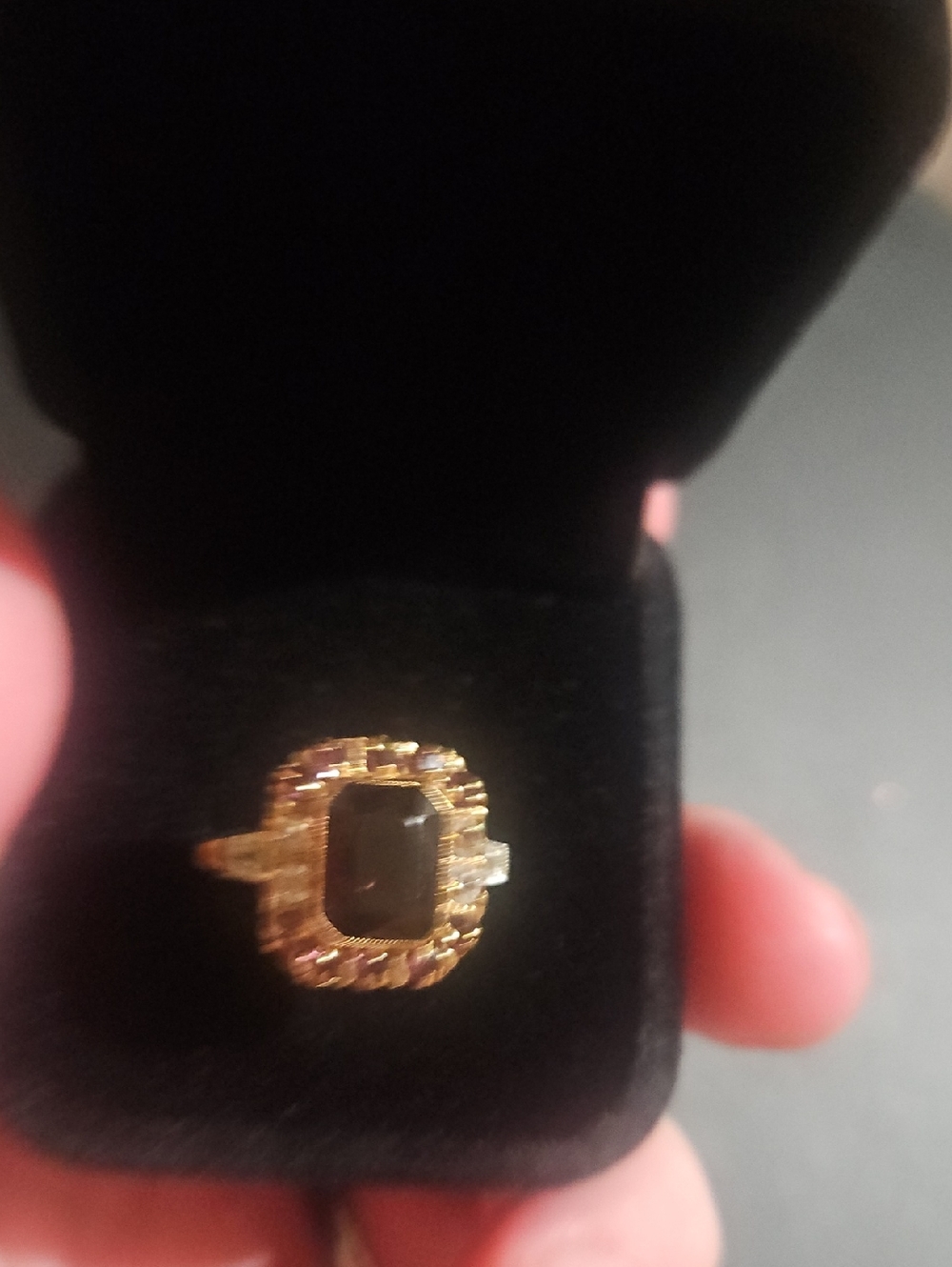 10k Yellow  Ring with Dark Purple  Center Stone and Halo Accents